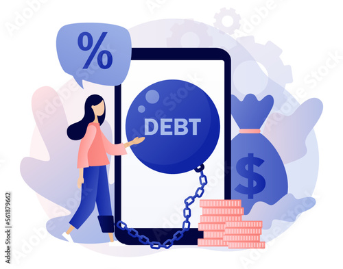 Money debts online concept. Tiny woman chained by huge weight debt metal ball have financial problems. Banking, bankruptcy, finance. Modern flat cartoon style. Vector illustration on white background
