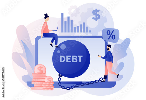 Money debts online concept. Tiny man chained by huge weight debt metal ball have financial problems. Banking, bankruptcy, finance. Modern flat cartoon style. Vector illustration on white background
