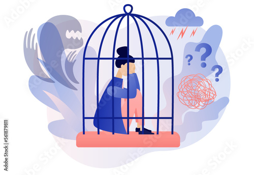 Woman in cage due inner fears. Phobias, anxiety, panic attack. Psychology, solitude, fear or mental health problems, depression. Modern flat cartoon style. Vector illustration on white background