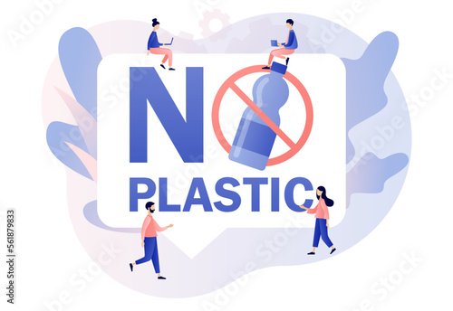 No plastic sign. Tiny people protest against plastic garbage. Reduce pollution. Environmental concept. Modern flat cartoon style. Vector illustration on white background