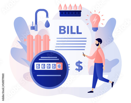 Utility bills. Household services. Regular payments as gas, water, electricity, heating. Saving resources concept. Modern flat cartoon style. Vector illustration on white background
