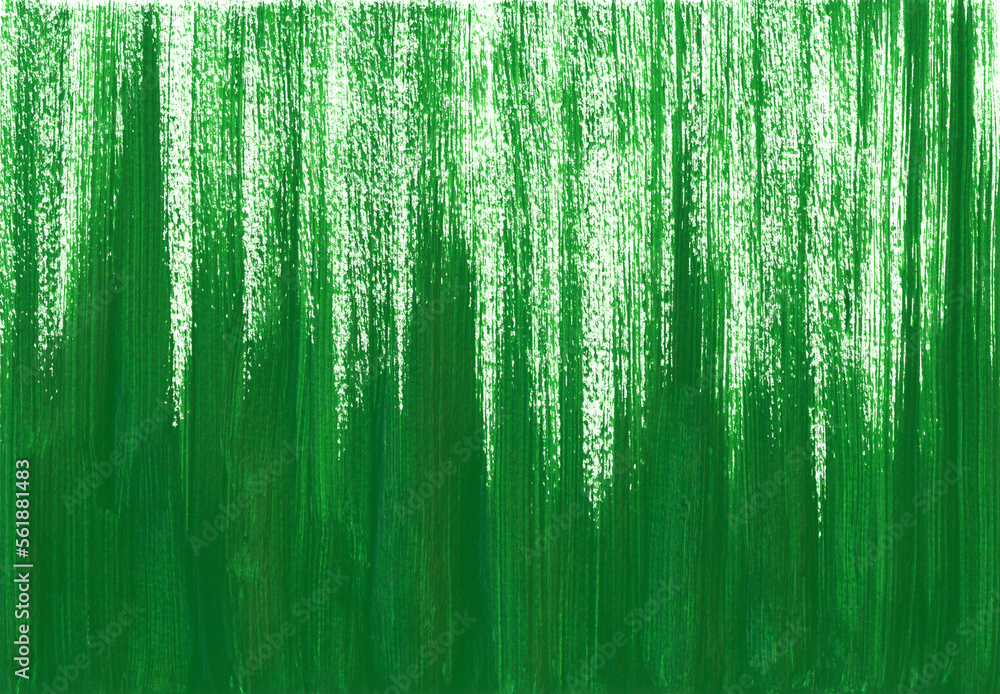 Abstract acrylic or gouache green paint texture on horizontal canvas. Brushstrokes of green paint from bottom to top. Artistic background with place for text.