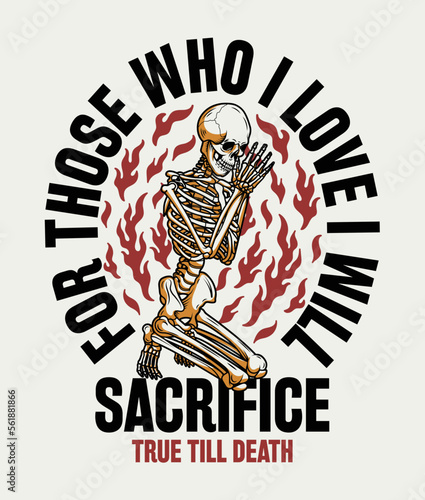 Detailed Praying Skeleton Among The Flames Illustration with Slogan Vector Artwork on White Background for Apparel and Other Uses