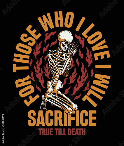 Detailed Praying Skeleton Among The Flames Illustration with Slogan Vector Artwork on Black Background for Apparel and Other Uses