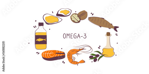Omega-3-containing food. Groups of healthy products containing vitamins and minerals. Set of fruits, vegetables, meats, fish and dairy.