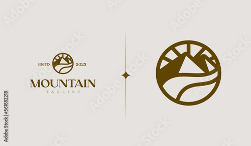 Mountain Sun Rays Seaside Logo Template. Universal creative premium symbol. Vector illustration