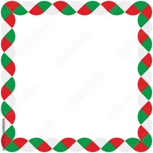 Decorative square border frame. Festive decorations- green, red and white paper fans isolated on white background. Vector illustration. For greeting card, banner, flyer, invitation.