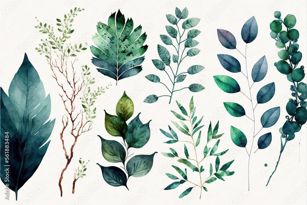 Watercolor floral illustration set - green leaf branches collection ...