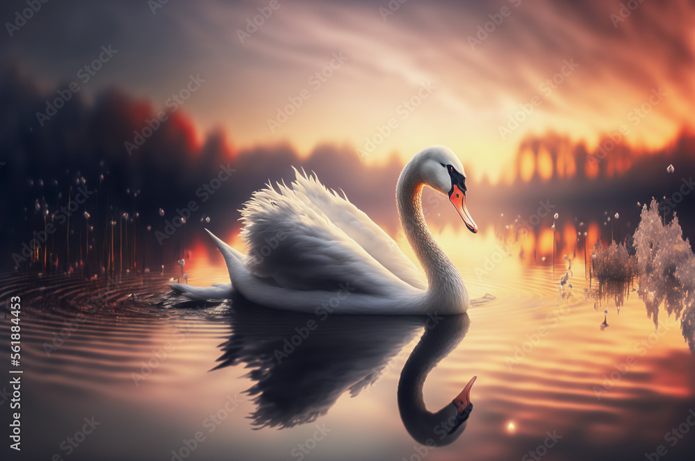 swan on the lake at sunset. Generative AI