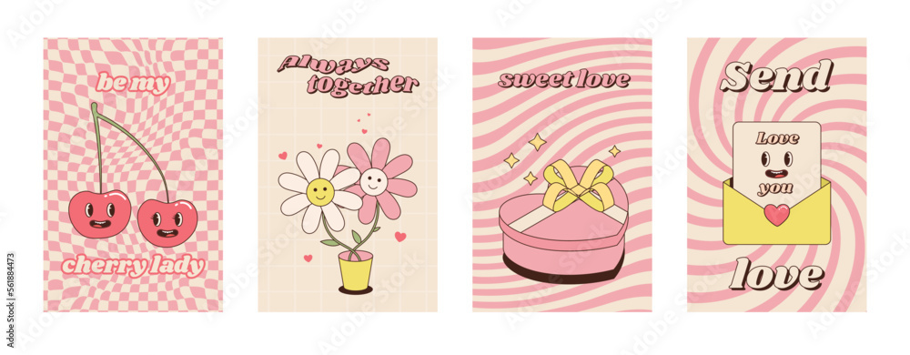 Obraz premium Groovy Valentine lovely poster set. Love concept. Be my valentine. Happy Valentines day greeting card. Funky pattern and texture in trendy retro 60s 70s 80s cartoon style. Vector illustration