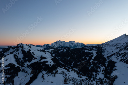 Wonderful scenery after a snow storm during a calm morning. The Swiss snowy landscape.