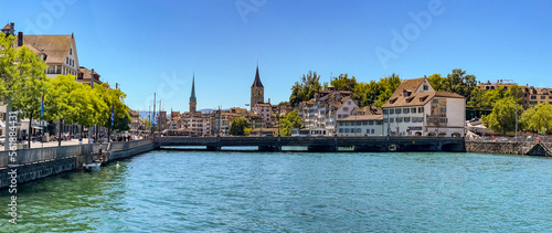 Panorama of the old town of Zurich with the Limmatquai, bridges and churches, Zurich, Switzerland photo