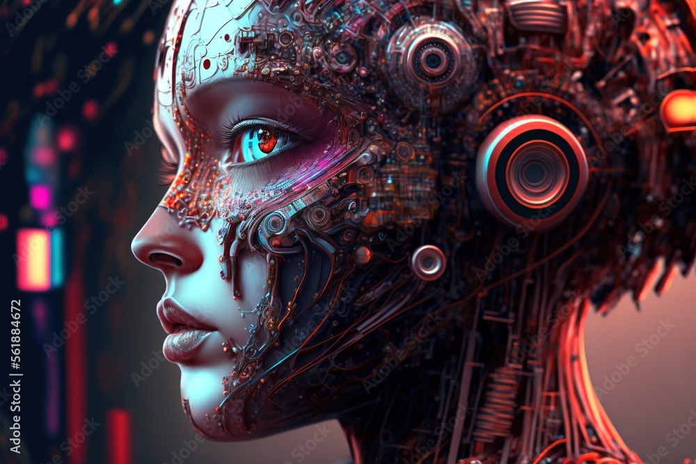 A beautiful cyborg woman with bright eyes, half-human half-robot, and red accents, generative ai