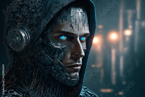 A futuristic anime style cyborg man with bright blue eyes in a hood  generative ai