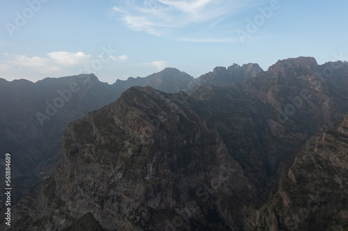 Great drone photo in the high mountains of Madeira, Portugal. A beautiful sunny day perfect for hiking.