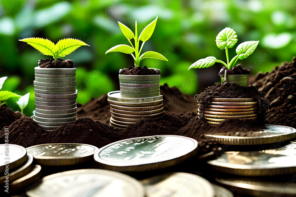 plant growing step on coins. concept finance and accounting Generative AI