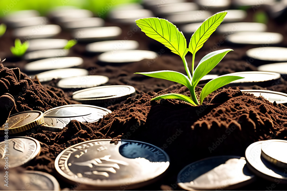 plant growing step on coins. concept finance and accounting Generative AI