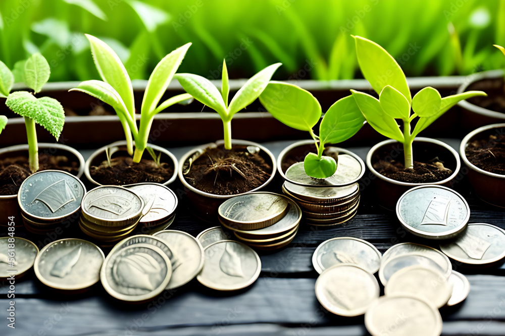 Growing Money - Plant On Coin stacks - Finance And Investment Concept Generative AI