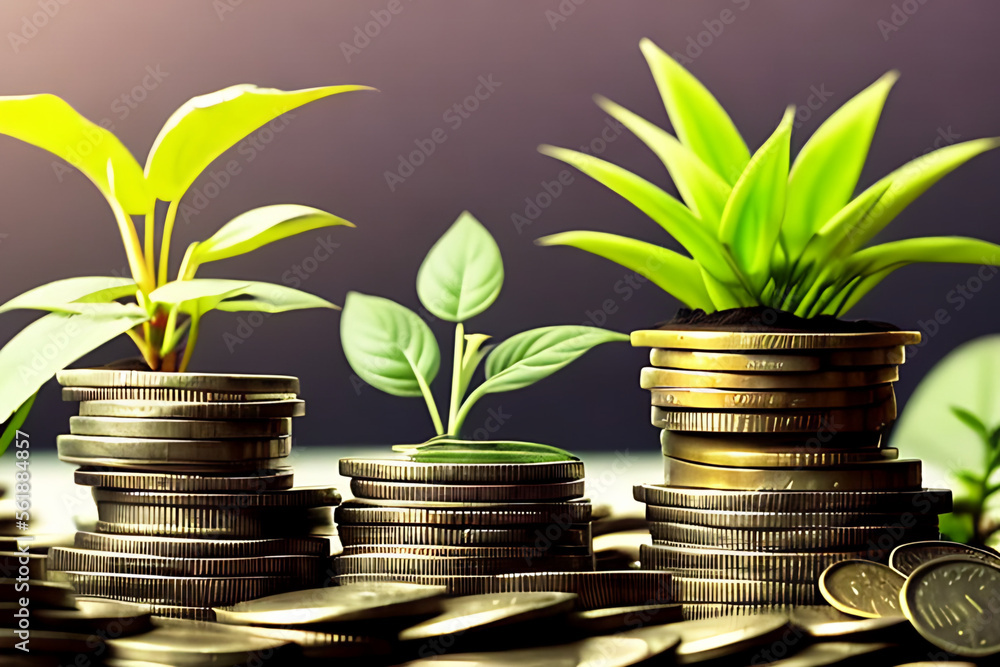 plant growing step on coins. concept finance and accounting Generative AI
