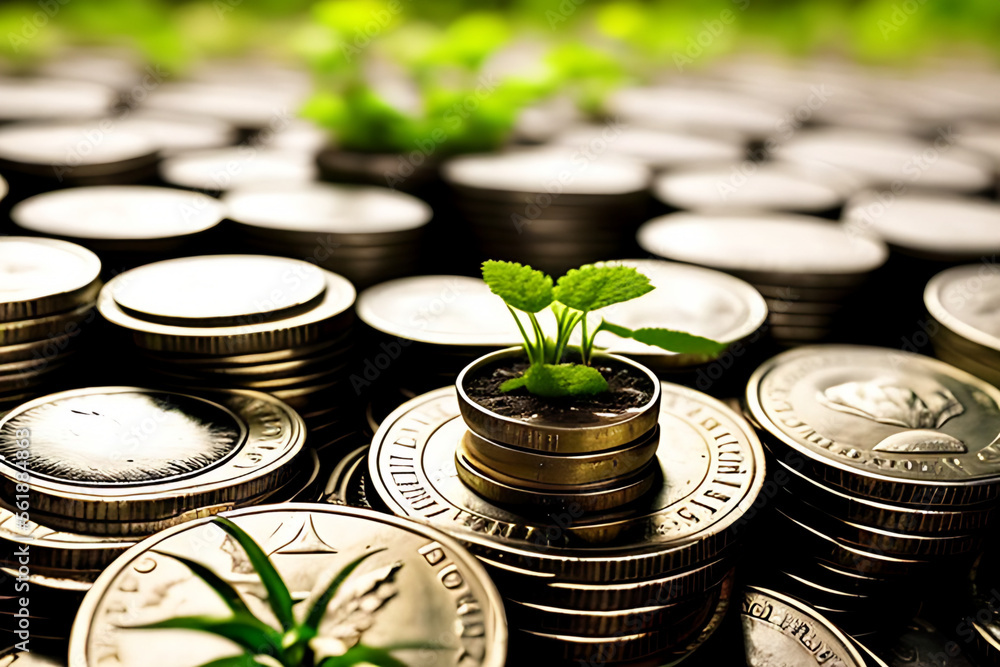 plant growing step on coins. concept finance and accounting Generative AI