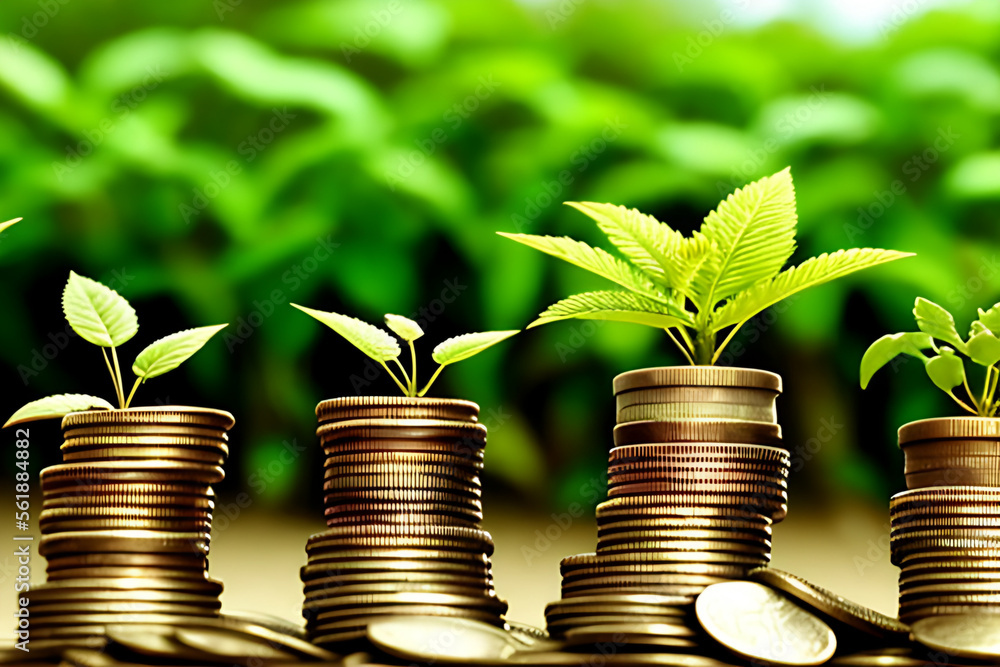 plant growing step on coins. concept finance and accounting Generative AI
