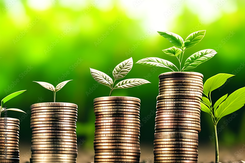 Growing Money - Plant On Coin stacks - Finance And Investment Concept Generative AI