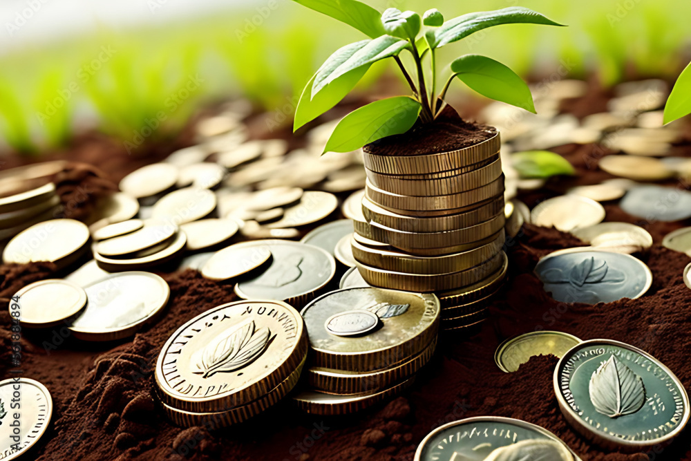 plant growing step on coins. concept finance and accounting Generative AI