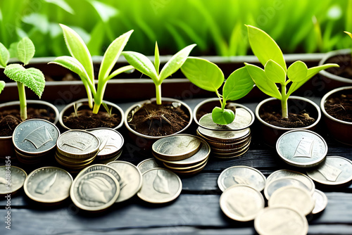 Obraz na płótnie Growing Money - Plant On Coin stacks - Finance And Investment Concept Generative AI w salonie