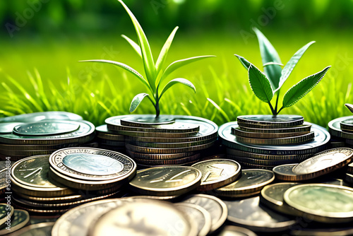  Growing Money - Plant On Coin stacks - Finance And Investment Concept  Generative AI