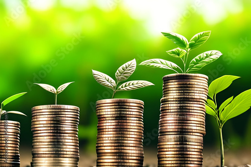 Obraz na płótnie Growing Money - Plant On Coin stacks - Finance And Investment Concept Generative AI w salonie