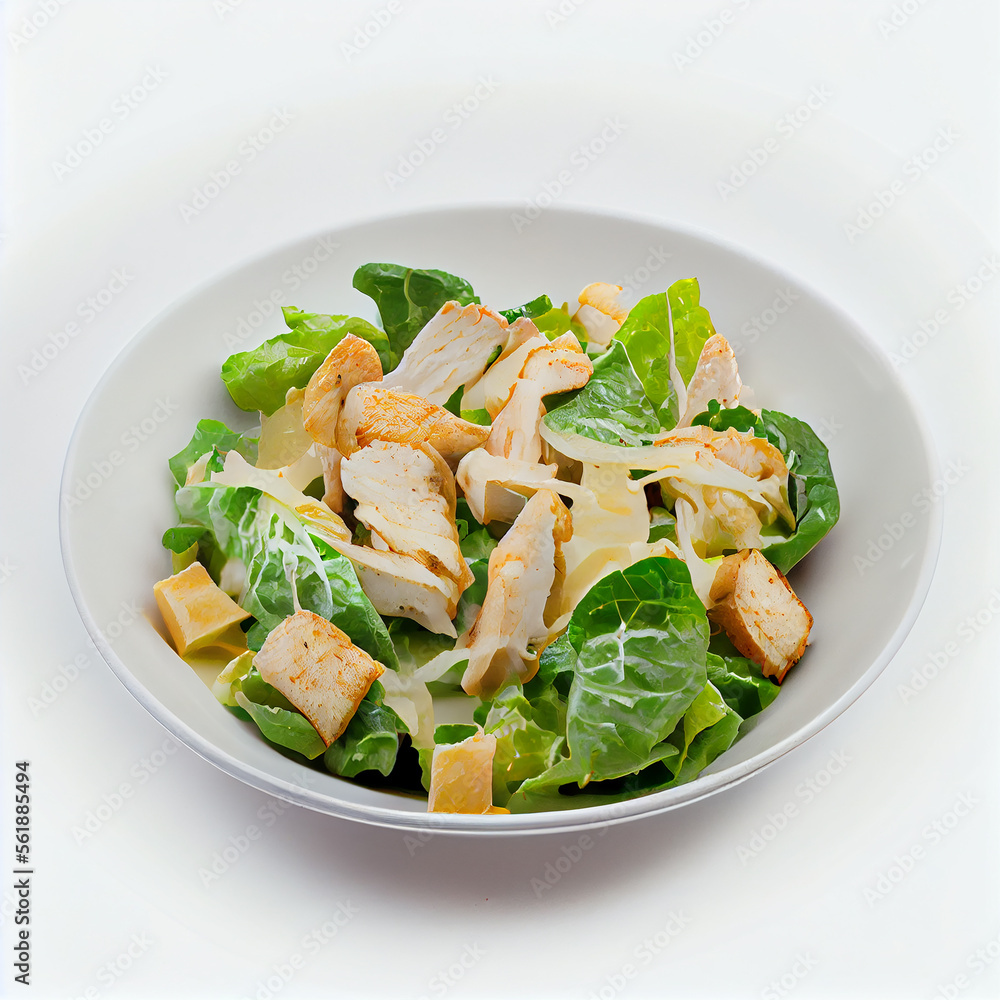 Caesar Salad with Chicken on a White Plate . Illustration Generative AI Caesar Salad with Chicken on a White Plate . Illustration Generative AI