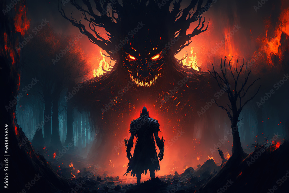 fire demon, dark fantasy forest, landscape, horror, art illustration