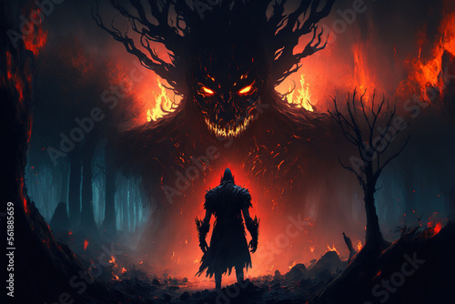 fire demon, dark fantasy forest, landscape, horror, art illustration