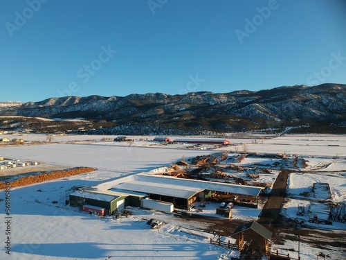Aerial view of rural Utah city in the snow