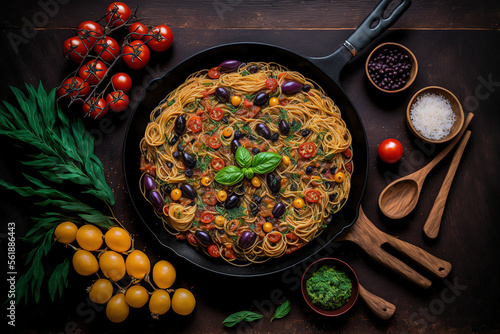 Whole grain spaghetti alla caponata with tomatoes, olives, and capers in a skillet on a flat lay on a dark oak table. Generative AI photo