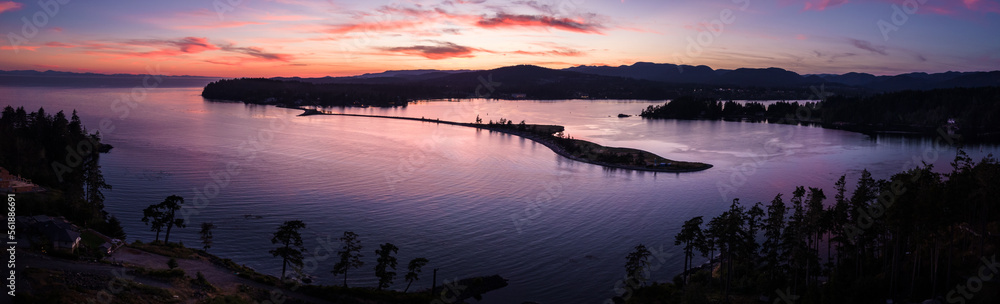 Aerial photo, peaceful ocean sunset, Whiffen Spit, Sooke, Vancouver Island