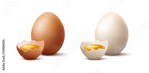 3d realistic vector icon illustration. Set of white and brown organic chicken egg and half of broken egg with egg yolk inside. Isolated on white background.