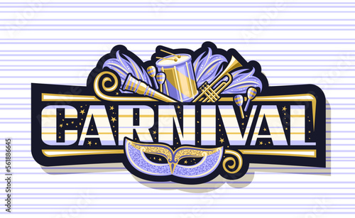 Vector banner for Carnival, dark horizontal label with illustration of purple venice carnival mask, musical instruments, decorative confetti and unique letters for text carnival on striped background