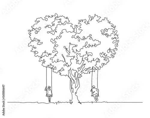 couple sitting on swing under heart shape tree romance scene one line drawing