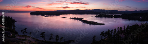 Aerial photo, peaceful ocean sunset, Whiffen Spit, Sooke, Vancouver Island photo