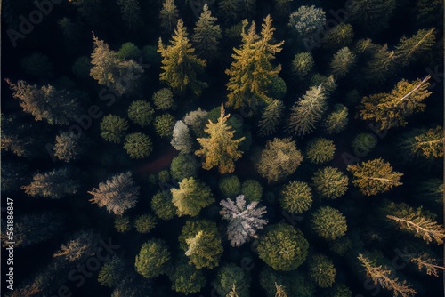 From above Scandinavian nature top down drone landscape soaring above coniferous woodland trees.. Generative AI © Pixel Matrix