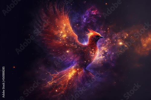 Phoenix with burning wings on space background. Symbol of rebirth. Fantasy illustration. Generative AI © Maxim Stepanov