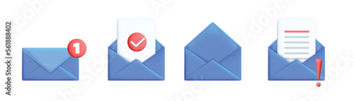 Collection of 3d vector cartoon render blue mail envelope icons for subscribe newsletter web element design