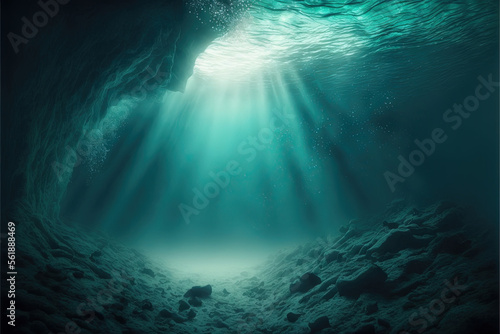 negative space background, free space wallpaper - underwater scene with rays of light and sun rays