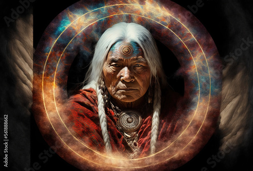 Shaman holding the yin-yang portal to our universe and consciousness. Concept. Shaman guardian of our realities. Generative AI photo
