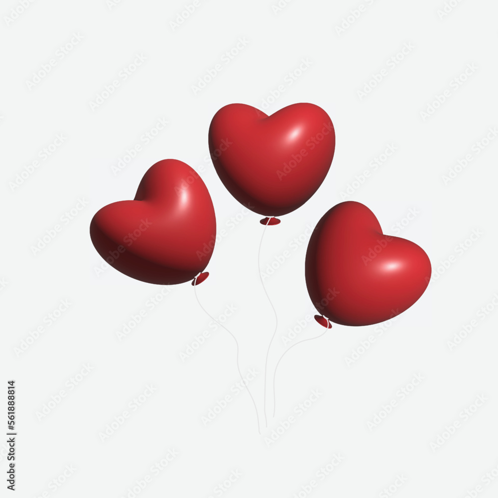 Red balloons for valentine's day. White background.