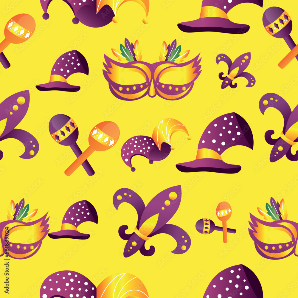 Mardi Gras symbols on yellow background. Pattern for design