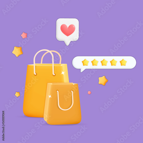 3d vector realistic render two yellow gabs with rating speech chat badge with five stars for online shopping banner design photo