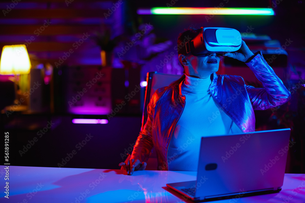 stylish female in vr headset in modern office stylish female in vr headset in modern office