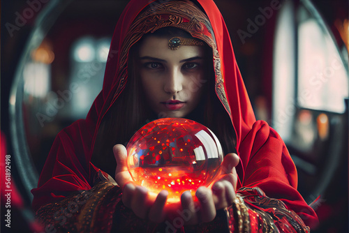 Red crystal ball with a fortune teller holding out her hands. Generative AI. (2)